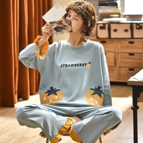Women Knitted Cotton Pajama Sets Winter Pijama Female Long Sleeve Full Trousers Two Piece Pyjama Letter Lingerie Night Sleepwear