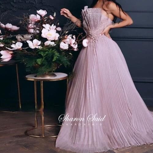 Pink Scalloped Pleats Arabic Evening Dresses 2021 Elegant Long A-line Dubai Formal Dresses for Women Wedding Party Gowns Stock