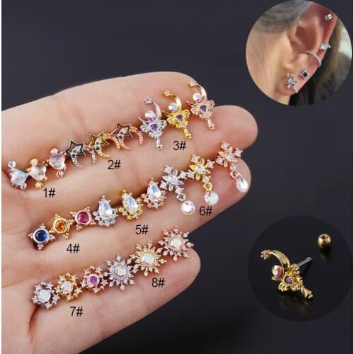 1PC 20G Rainbow Cz Geometric Stud Earrings Stainless Steel Ear Bone Tragus Rook Conch Helix Cartilage Earring Piercing Jewelry