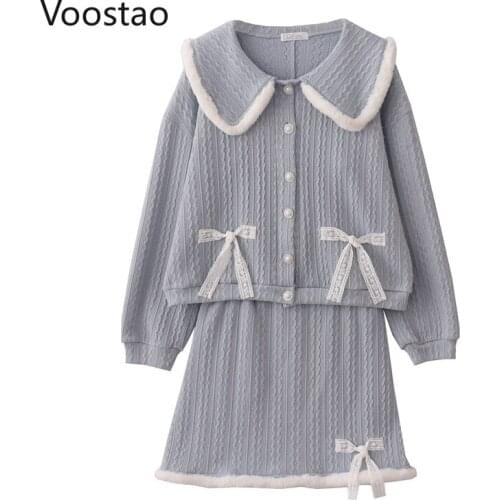 Spring Autumn Sweet Lolita Style Knitted 2 Piece Set Girly Harajuku Plush Patchwork Loose Lace Bow Coats Mini Skirts Women Suit