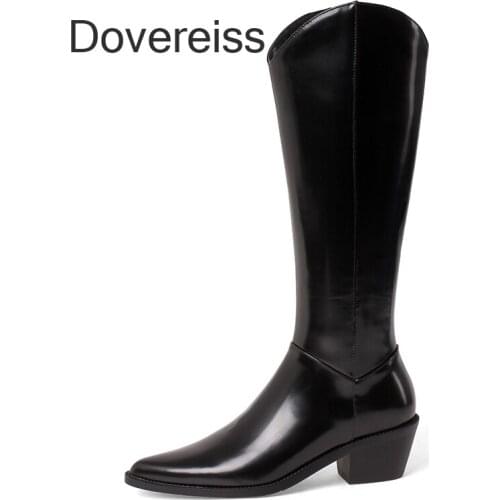 Dovereiss Fashion Womens shoes Winter Zipper Sexy White Boots Chunky Heels Zipper Genuine Leather Knee High Boots 33 40