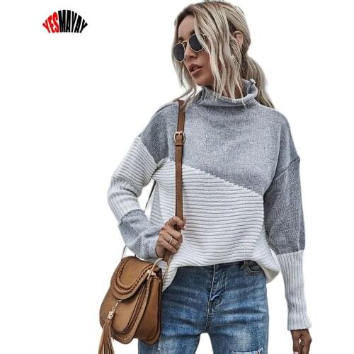 Womens Turtleneck Sweater 2021 Fashion Pull Femme Long Sleeve Knitted Pullovers Tops Woman Autumn Winter Patchwork Sweater