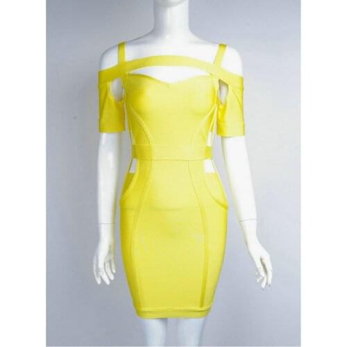 Hot sale women 2017 bandage dress sexy straps club dress solid yellow off the shoulder hollow out bodycon dress