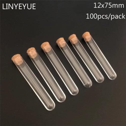 100pieces/pack)12*75 Transparent Plastic Test Tubes With Corks Stoppers Round Bottlom Laboratory School Educational Suppplies