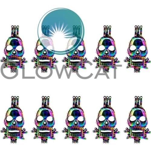 10x C220 Rainbow Skull Sign Beads Cage Perfume Essential Oil Diffuser Pearl Cage Locket Pendant