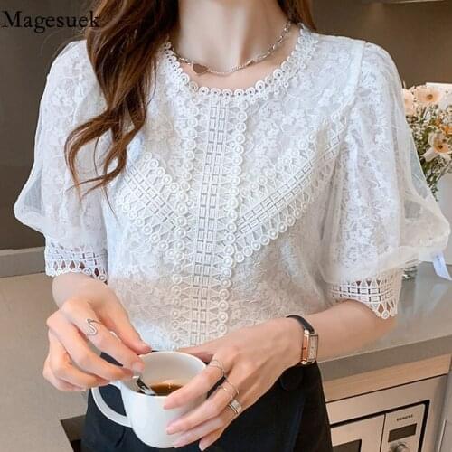 2021 Summer Hollow Out Loose Top Short Sleeve Womens Lace Ladies Splicing Blouse Puff Sleeve Women Tops and Blosue 14408