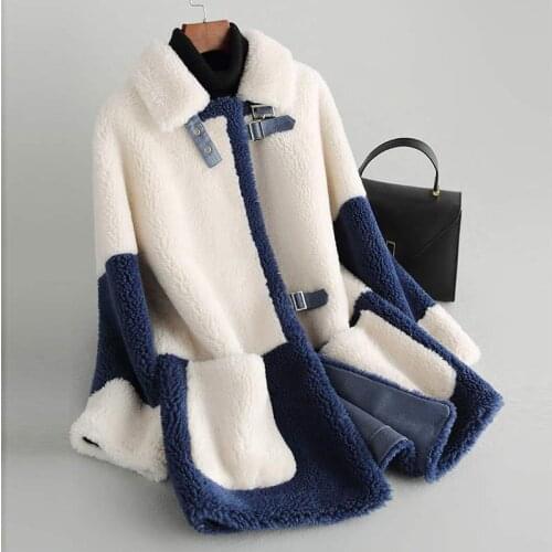 2021 Winter Autumn High Quality100% Lamb Fur Womens Korean White Grain Cashmere Coat Female Splicing Sheep Shearing Jacket