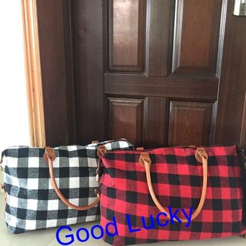 30pcs/lot Wholesale Blanks Plaid Travel Bag Buffalo Large Capacity Duffle Handbag Overnight Weekend Tote Bag With PU Handle
