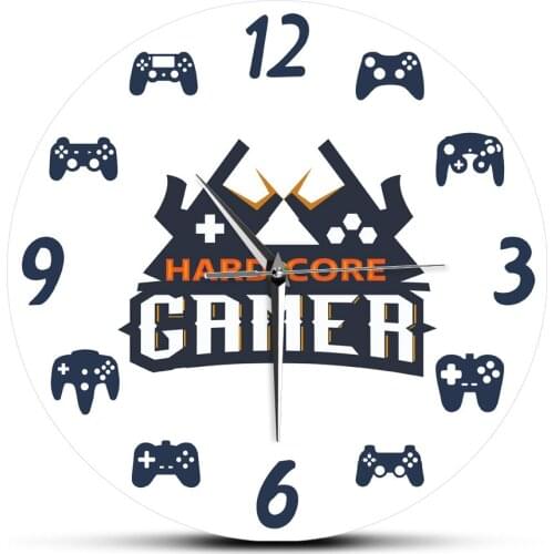 Gamer Logo Hardcore Gamer Printed Acrylic Wall Clocks Quartz Modern Design Video Game Gamepad Mute Rounded Wall Hanging Watch