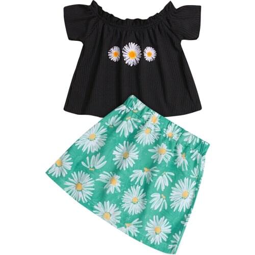 OPPERIAYA 2Pieces Kids Cotton Casual Set Summer Daisy Print Boat Neck Short Sleeve Pullover Tanks Tops A-Line Skirt for Toddler