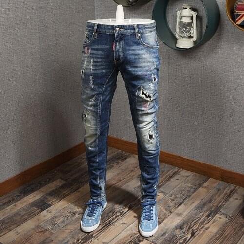 European American Street Fashion Men Jeans Retro Blue Elastic Slim Ripped Jeans Men Painted Designer Hip Hop Denim Punk Pants