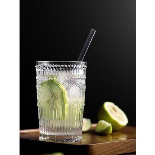 Retro Engraving Glass Round Small Sun Flower Emboss Juice Glasses Transparent Zakka Milk Cup 300ML High Quality Hand Blown