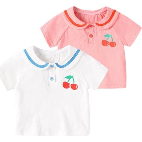 Peter Pan Collar Todder Tshirt Cotton Cherry Newborn Baby Tops Tees Girls Shirt Summer Kids Clothes