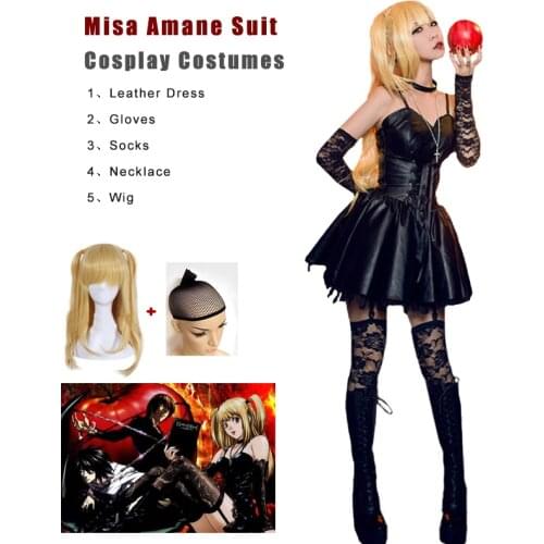 Anime Cosplay Costume Death Note Misa Amane Leather Dress Wig Girls Dress Black Sexy Tube Top Lace Skirts Gold Long Wig Ponytail