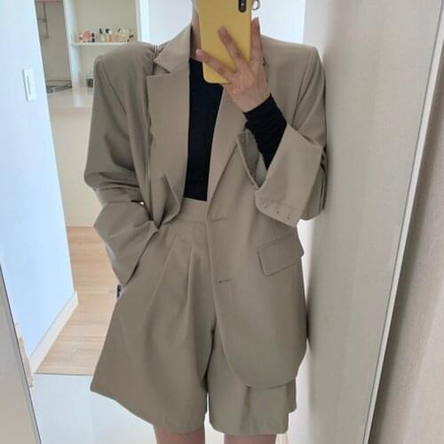 New Oversize Solid Girls Blazer Women Suit long Sleeves Blazer Tops High Waist Wide Leg Trousers Two Piece Shorts Suits
