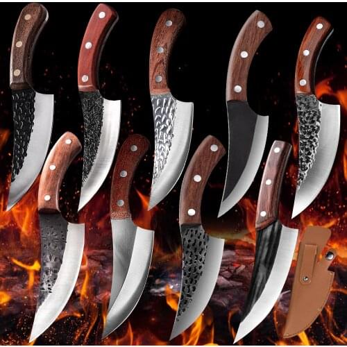 Handmade Forged Fillet Boning Kitchen Knife Fishing Knife Meat Cleaver Outdoor Cooking Cutter Butcher Knife Cover Sheath Case