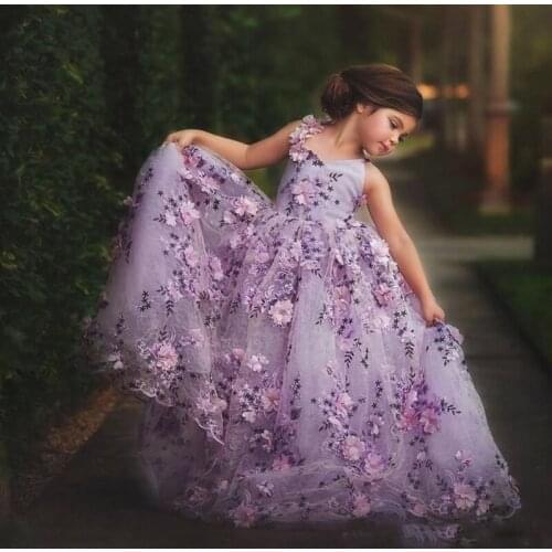 Lavender Lace Little Girls Pageant Dresses 3D Floral Appliques Toddler Ball Gown Flower Girl Dress Floor Length Tulle First Comm