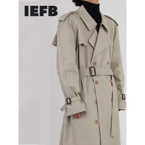 IEFB Mens Double Collar Loose 2021 New Medium Length Breasted Clothes Belted Khaki Cool Windbreaker Ins Pop Trend Coats 9Y8469