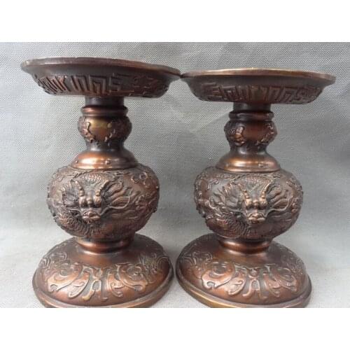 Song voge gem S2825 Chinese Pure Bronze Wealth Dragon Head Flower Statue Candle Stick Holder Pair
