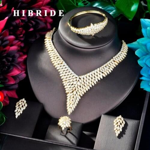 HIBRIDE Luxury Design Gold Color Nigerian Wedding Cubic Zirconia Necklace Dubai 4PCS Dress Jewelry Set For Party Gifts N-824