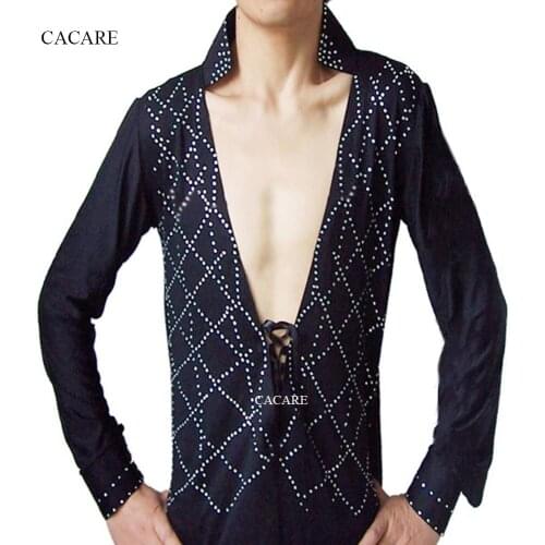 CACARE Latin Dance Shirts Men Boys Dance Shirt for Tango Fringe Rhinestones Customized Size D0963 Long Sleeve V Neck