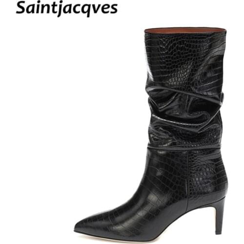 Womens Boots Snakeskin Print Pleated Mid Heel Party Shoes Pointed Toe Slip on Sexy Stiletto Women Motorcycle Boots Women
