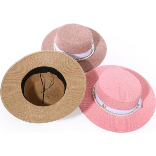 Straw hat M letter pearl accessories flat sun hat summer ladies sun hat ladies sun hat fedora hat British Panama