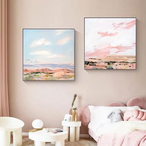 Modern Pink Sky Landscape Canvas Painitng Poster and Prints Wall Art Pictures Nordic Square Living Room Girls Home Decor Cuadros
