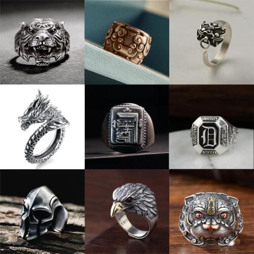 925 silver Spartan helmet without inlay exaggerated domineering retro mens opening adjustable ring