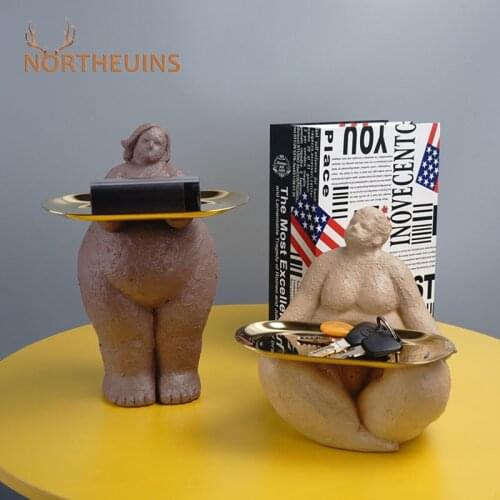 NORTHEUINS Resin Abstract Woman Statue Creative Tabletop Storage Tray Figurine For Interior Fat Girl Home Living Room Decoration