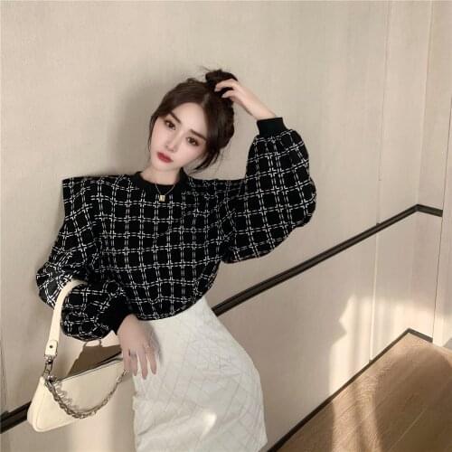 Spring New Vintage Plaid Pattern Loose Shirts Chic Ruffles Patchwork Pullovers Blusas O-neck Casual Women Blouse 1H768