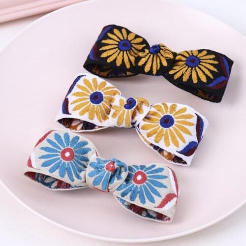 Ethnic Flower Embroidery Blue Hair Clip Girls Hairpin Princess Bow Hair Barrette Accessories Hairpins For Women Styling Tools