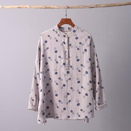 Women Autumn Cotton Linen Retro Print Shirt Tops Blouse Ladies Printed Vintage Shirt Female 2018 Spring Fall Shirt