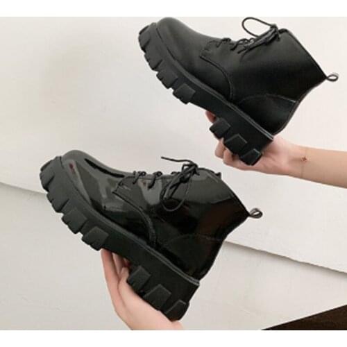 Womens Lace Up Ankle Boots Platform Thick Bootom Ladies PU Leather Boots 2021 Motorcycle Boots Women Shoes Female Footwear
