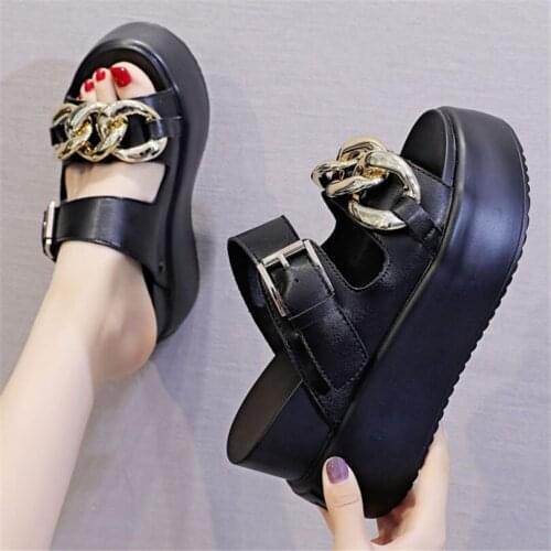 Goth Platform Shoes Womens Chain Sandals Leather Gladiators Wedge High Heels Strap Buckle Party Nightclub 34 35 36 37 38 39