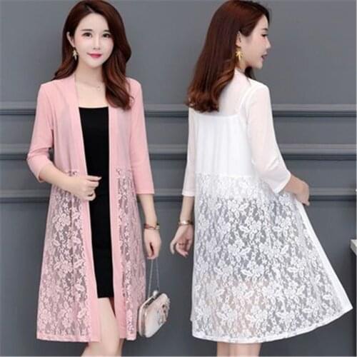 5XL Plus size Summer Lace Cardigan Women Long Net Yarn Sunscreen Jacket Casual Pink Black Red White Thin Long sleeve Women Coat