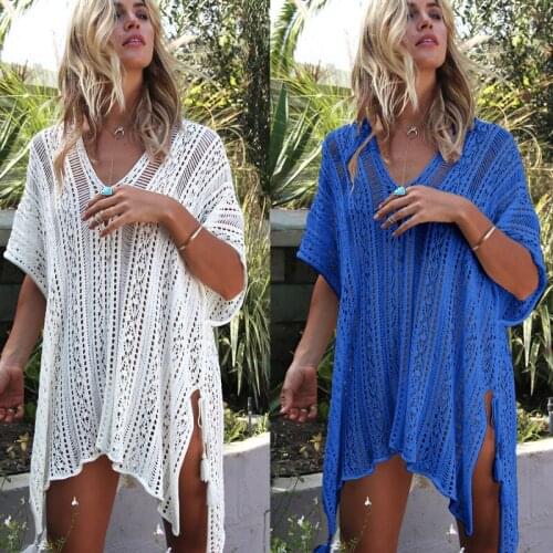 Bather Women Swimsuit Beach Cover Bikini Dress Bath Robe Ups Summer Tunics Knitted Hollow Loose Sexy Clothes Swimming Acetate