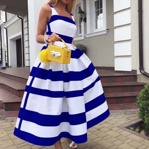 2021 Summer Fashion Retro Satin Dress Sleeveless Suspenders Striped A-line Mid Skirt Pleated Cocktail Striped Dress Party Long