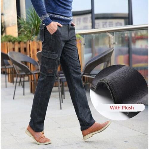Winter Thermal Warm Flannel Lined Stretch Jeans Mens Comfortable Fleece Trousers Men Bottoms