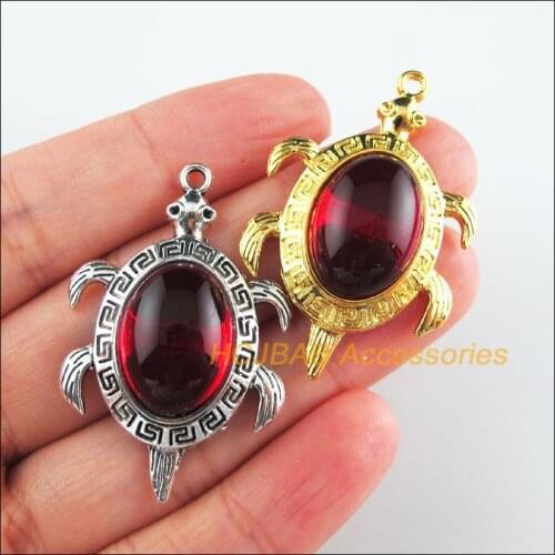 5 New Animal Charms Red Glaze Tortoise Pendants Tibetan Silver Tone & Gold Color 27.5x42mm