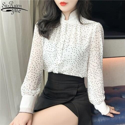2021 Polka Dot Shirts Women 2021 Early Autumn Stand-Collar Long Sleeve Womans Blouses Vintage Chiffon Blouse Cardigan 10953