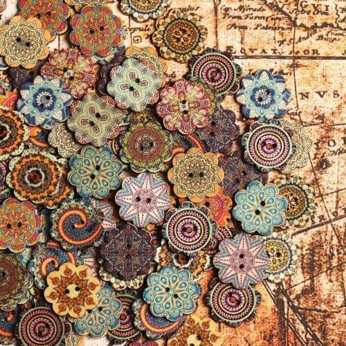 20Mm 50pcs/Bag Retro Bohemian Wooden Buttons For Clothes Color Decoration Wooden Buttons Round Handmade Diy Two-Hole Buttons
