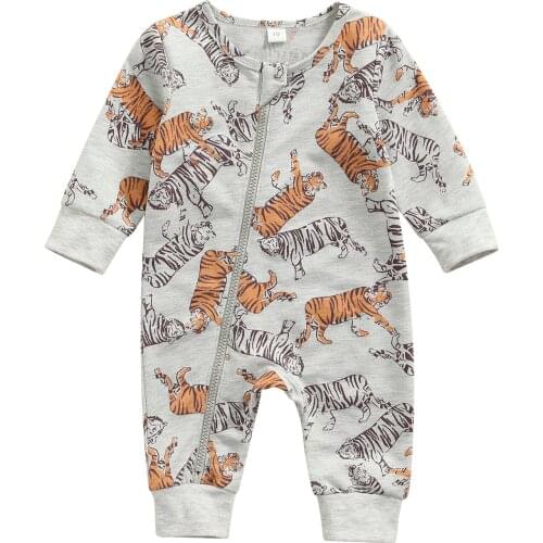 Citgeett Autumn Infant Baby Girls Boys Casual Long Sleeve Jumpsuit Cartoon Tiger Printed Zipper Romper Clothes