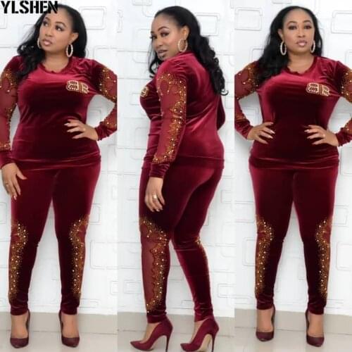Two Piece Set African Clothes Africa 2020 Dashiki Fashion Nail Bead Velvet Suit Top And Pants Elastic Party Plus Size Clothing