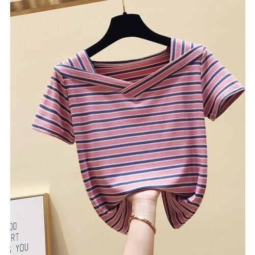 Summer Short Sleeve Cotton Casual TShirt Korean V-Neck Basic Striped T shirt Women Clothes Female Tops Tee Shirt Femme