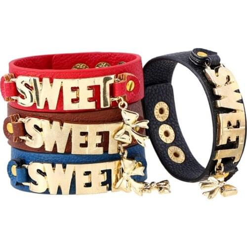 Fashion Sweet Girl Women Bracelet Cuff Alloy Gold Bow Leather Charm Bangle Wrap Female Casual Wristband for Gold Bowknot Jewelry