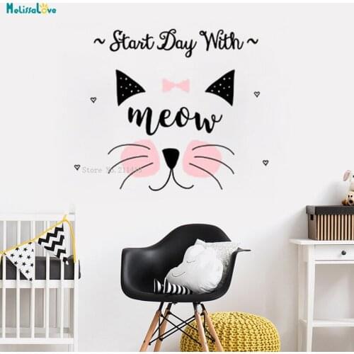 Cute Cat Decal Decal Start Day With Meow Home Decoration For Kids Baby Room Cute Nursery Self-adhesive Lovely Murals YT963