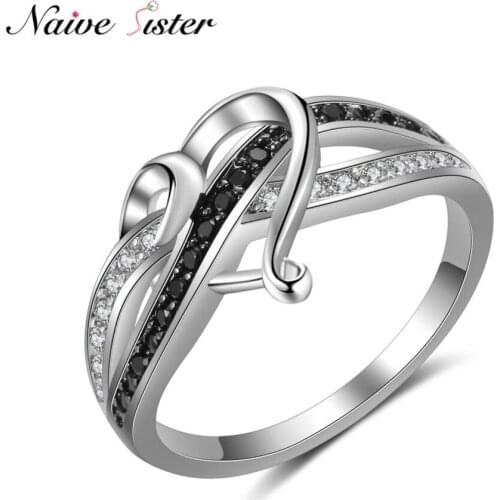 New Fashion Ladies Black Color Heart Ring Crossover Design Engagement Rings For Women Cubic Zirconia Copper Wedding Jewelry