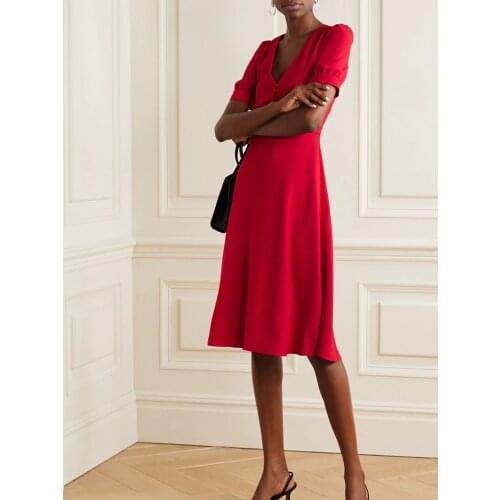 Charm China Red Drape A-line Dress 2020 Fashion Elegant Deep V Single Breasted Women Dress Summer New Short Sleeve Pleated Dress