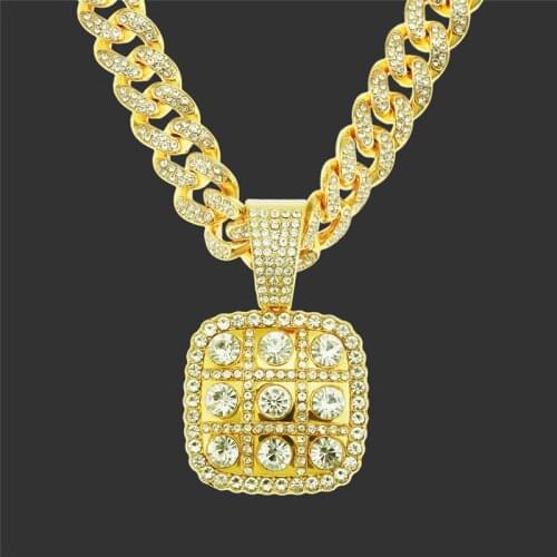 Hip Hop Gold Color Big Cubic Zircon Jiugongge Pendant Necklace Choker With Iced Out Micro Pave Rhinestone Cuban Link Chain